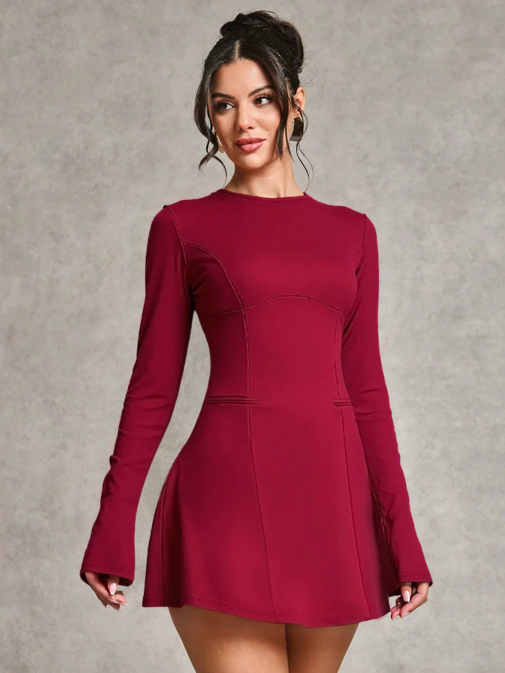 ZARA Early Spring Wine Red Backless Long Sleeve Bodycon Party Mini Dress